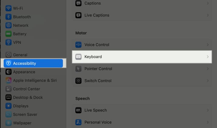Keyboard option under accessibility settings in macOS System Settings.