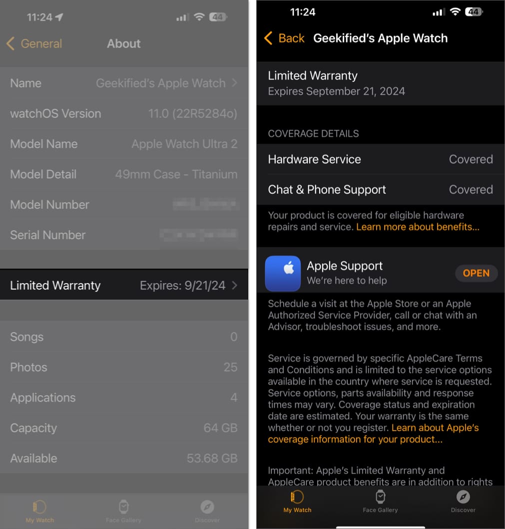 Warranty information for an Apple Watch in the Watch app on an iPhone.