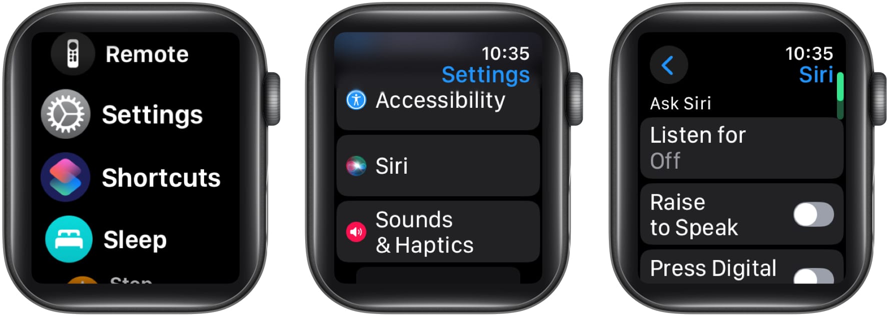 Enabling Listen For in Siri settings on an Apple Watch.