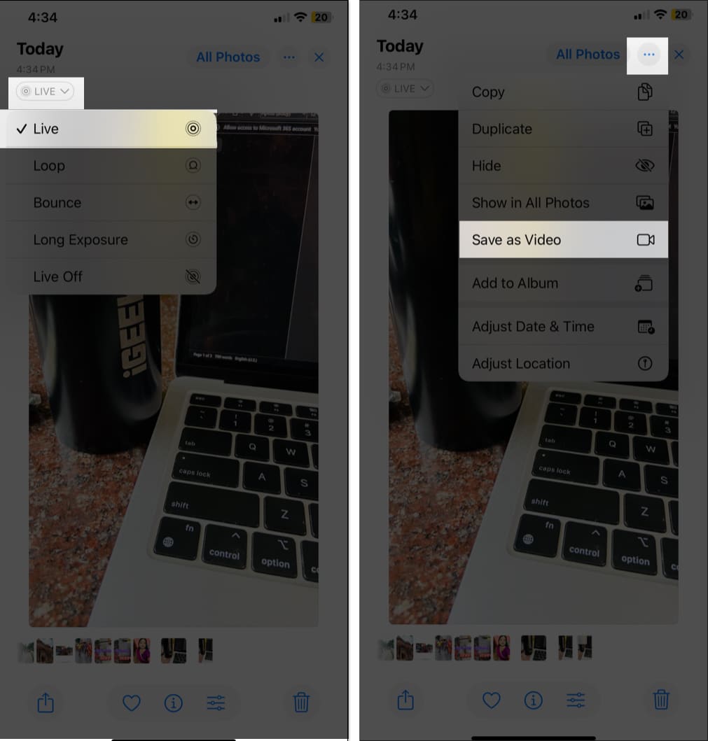 Saving a Live Photo as a video using the Save as Video option in the iPhone Photos app.