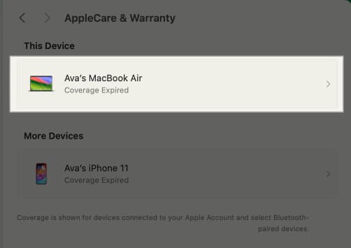 Selecting the MacBook to check its coverage.