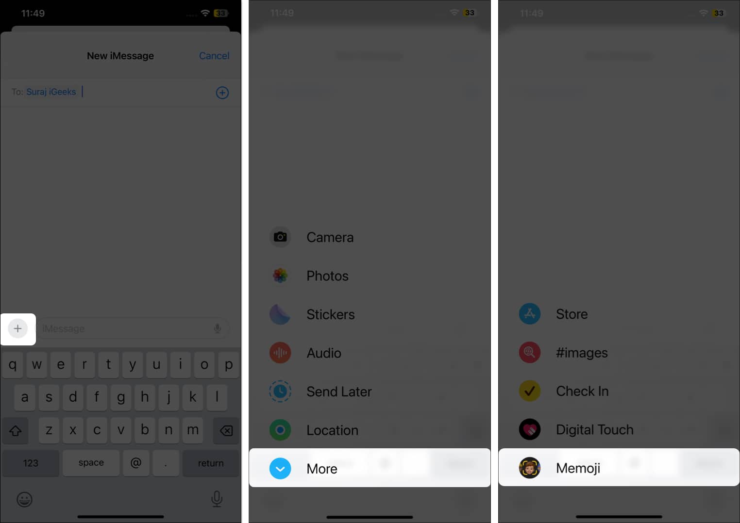 Memoji option under the More button in the iPhone Messages app.
