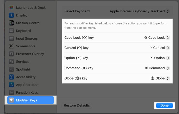 Configuring MacBook keyboard modifier keys in System Settings.