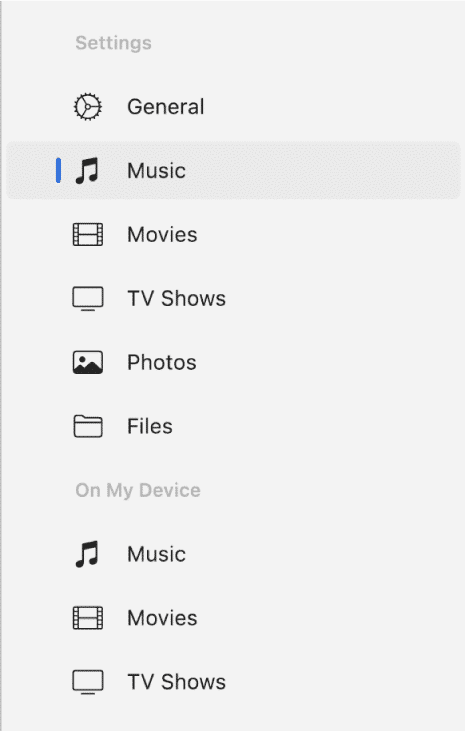 Music option in the left pane in the Apple Devices app.