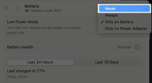 Configuring MacBook to never enable Low Power Mode automatically.