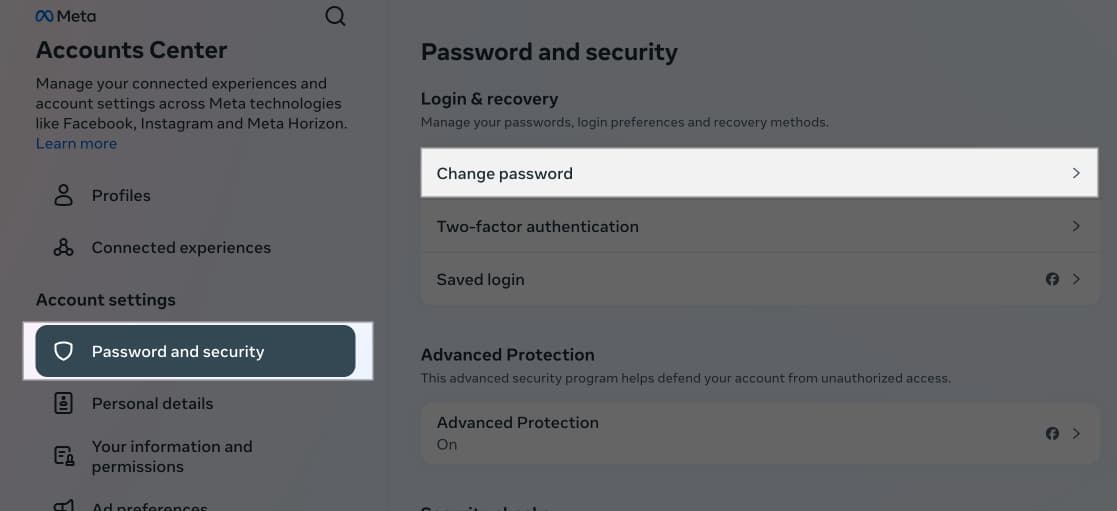 Change Password option under Instagram settings on the desktop.
