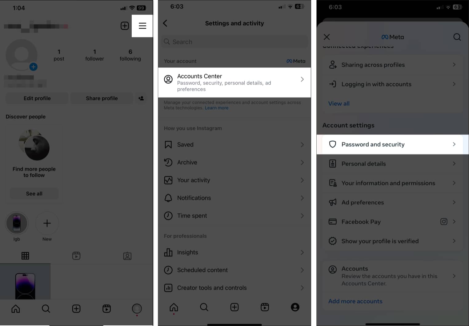 Password and Security option under Accounts Center in Instagram settings on an iPhone.
