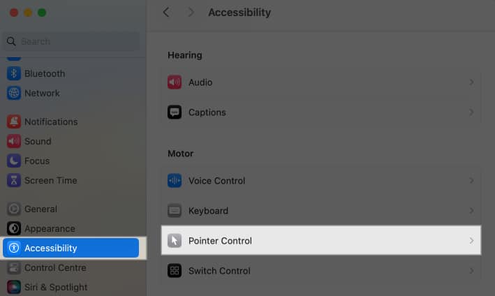 Pointer Control option under MacBook accessibility settings.