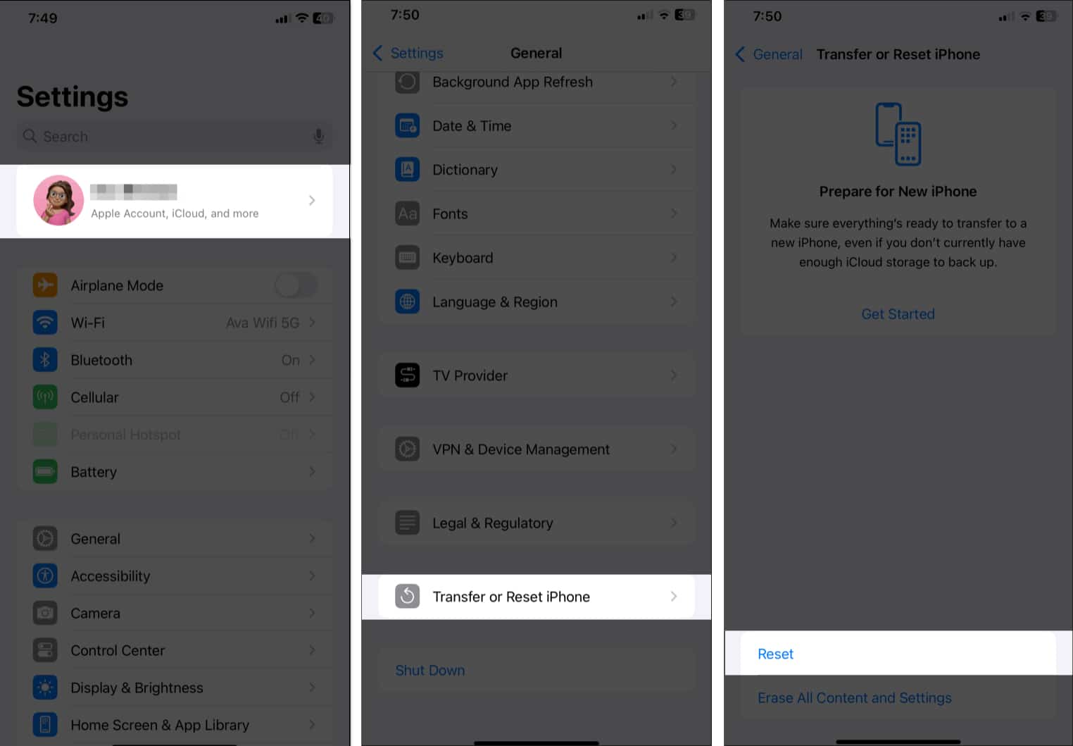 Reset option under Transfer or Reset iPhone settings on an iPhone.