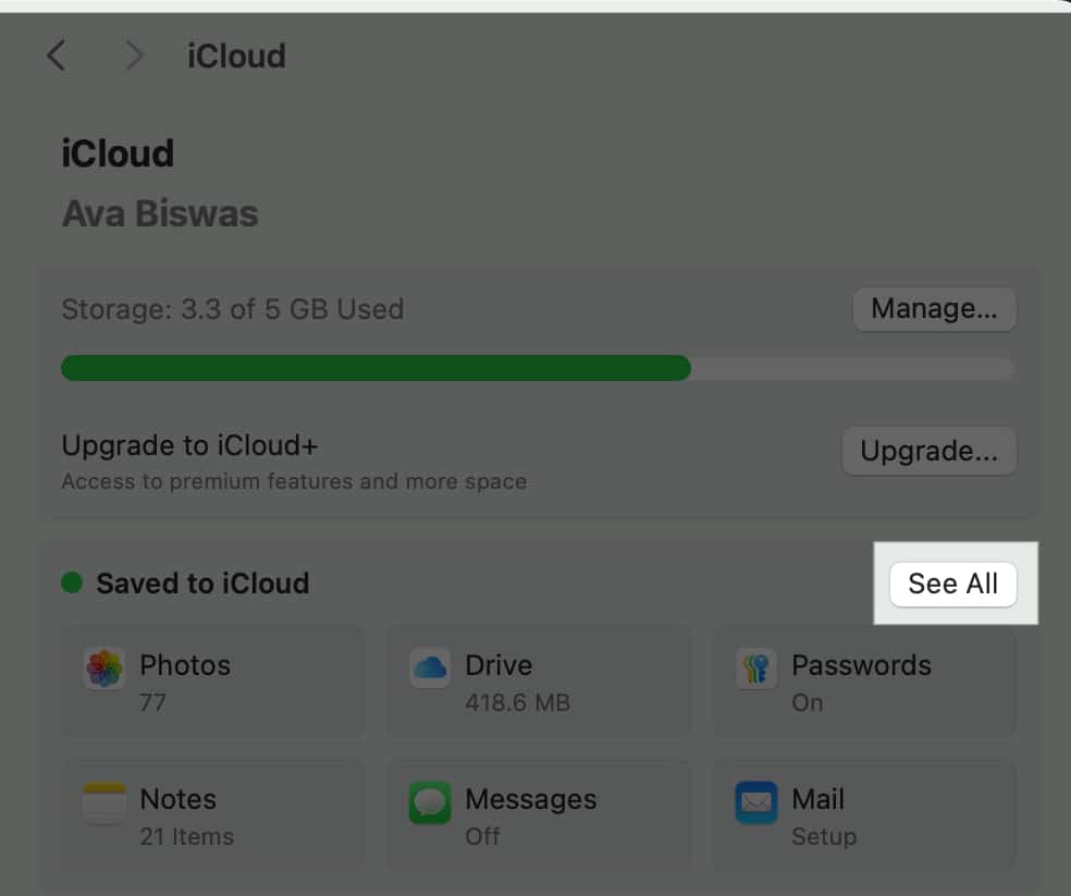 iCloud settings in the Mac System Settings app.