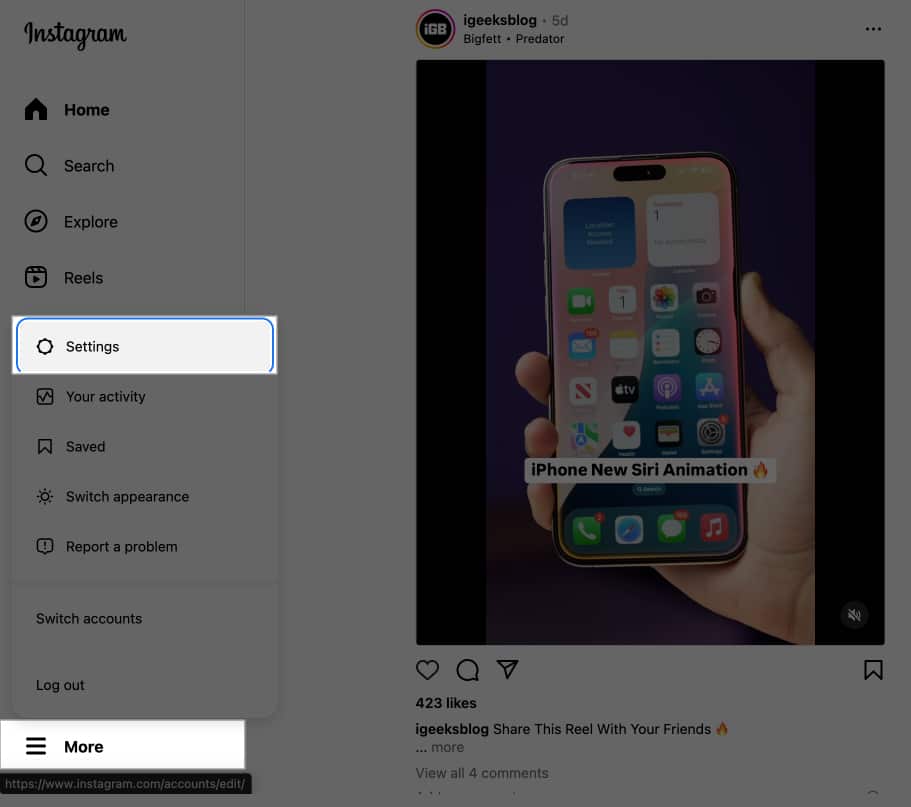 Setting option on the Instagram website on the desktop.