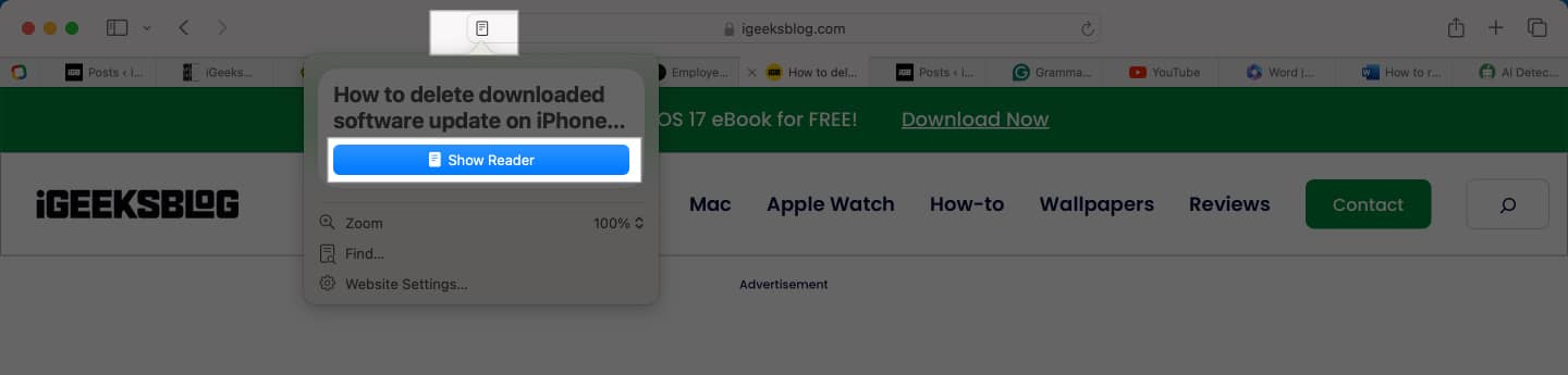 Show Reader button in Safari address bar in macOS Sequoia.
