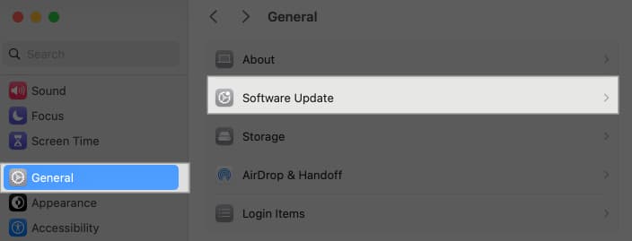 Software Update option under General settings on a Mac.