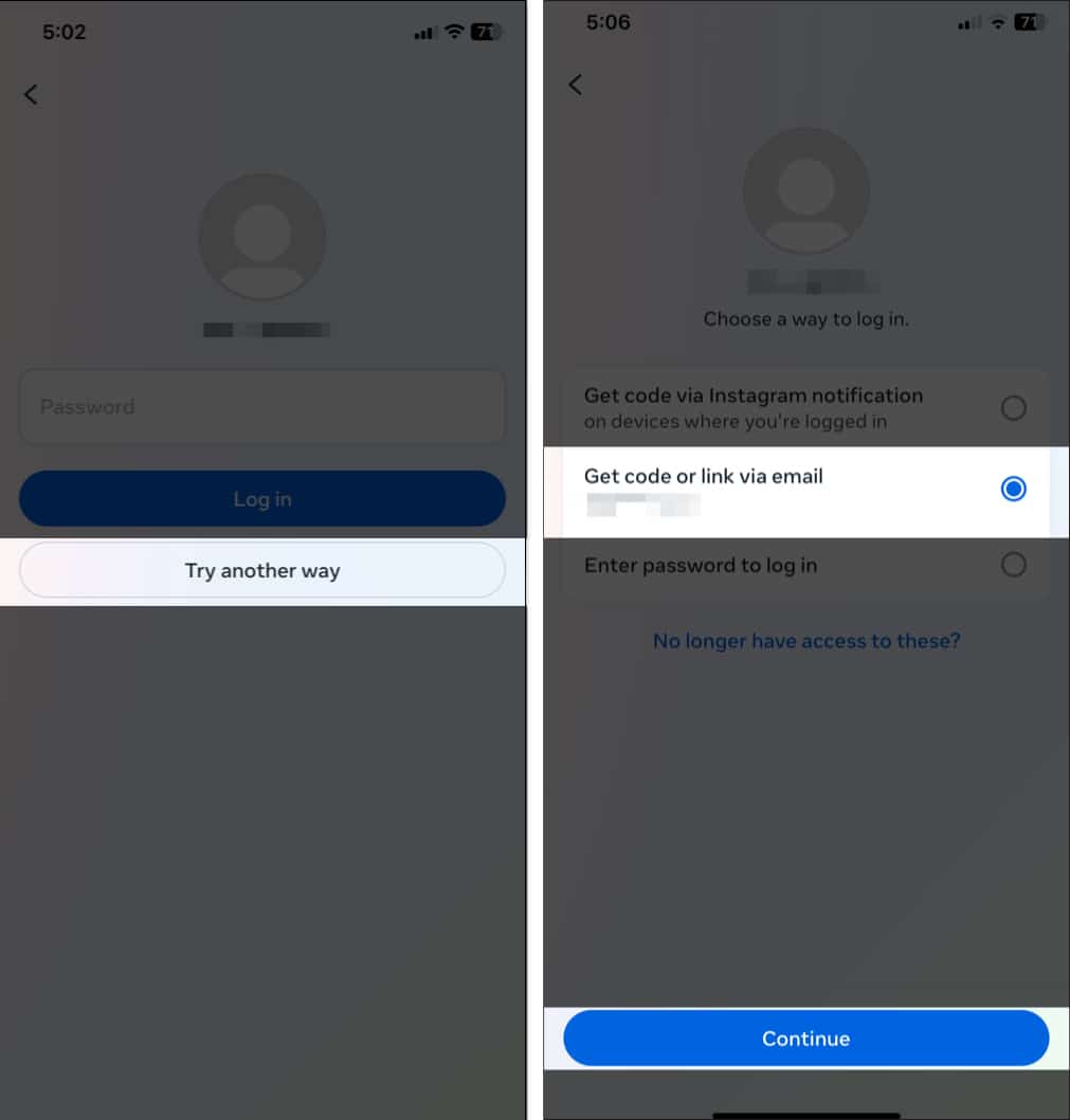 Choose a Way to Log In page in Instagram iOS app to reset forgotten password.