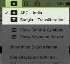 Input menu in macOS menu bar to select keyboard layout.