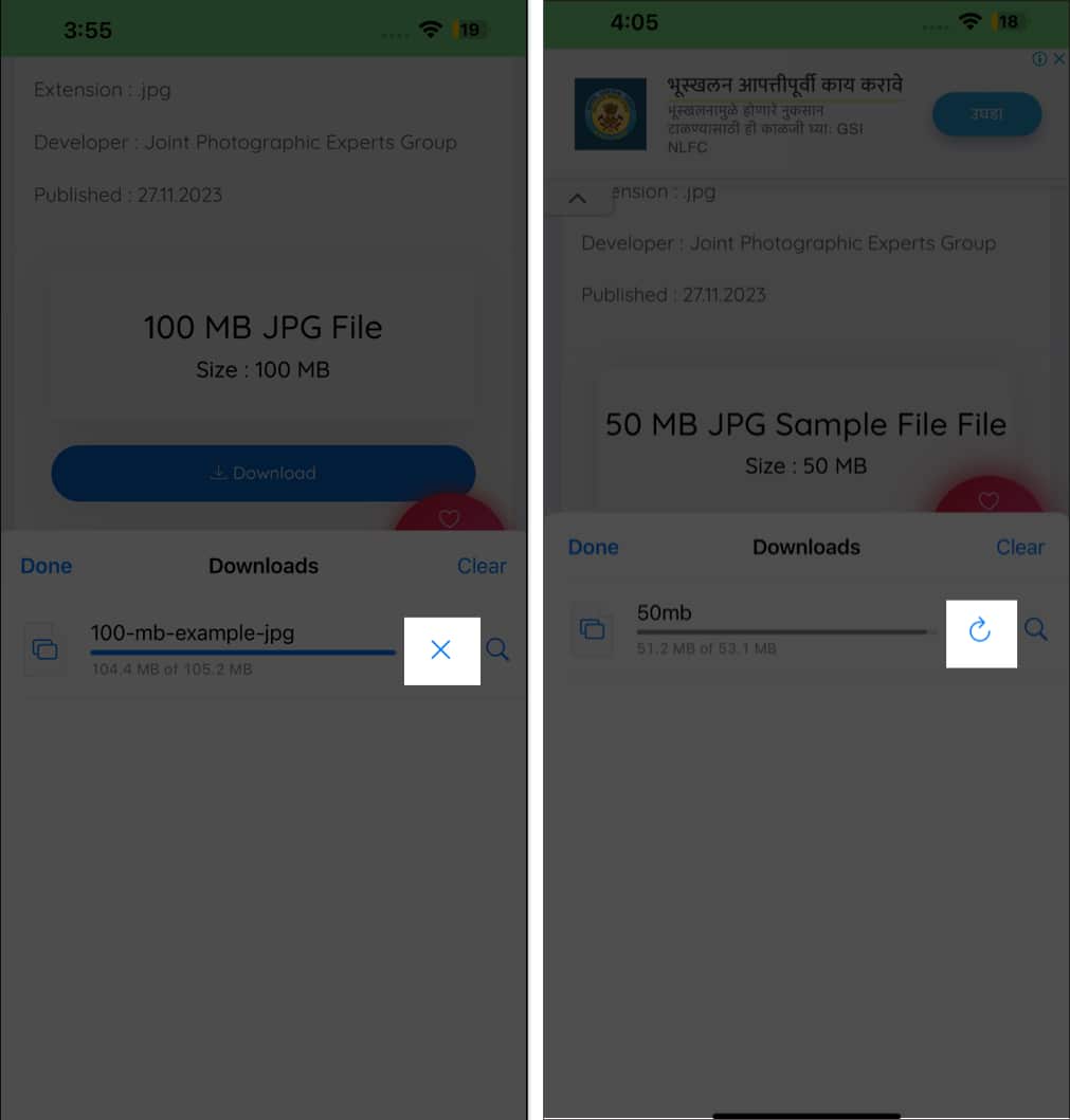 Pausing an ongoing download in Safari on an iPhone.