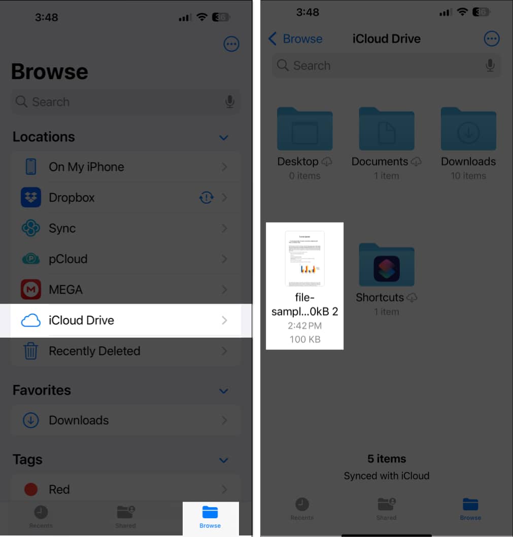 Accessing Safari downloads under  iCloud Drive in the Files app on an iPhone.