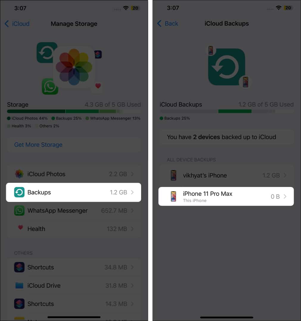 Checking iPhone backups in iOS Settings app.