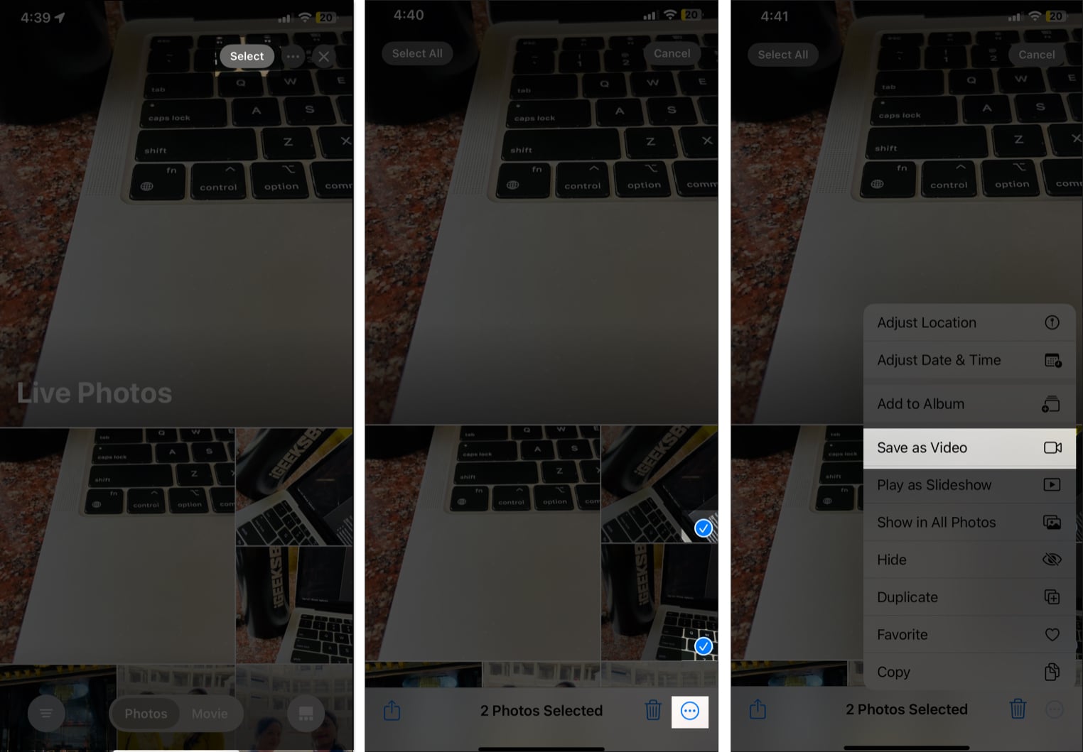 Using the Save as Video option in iOS Photos app to save selected Live Photos as videos on an iPhone.