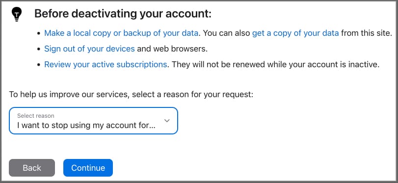 Selecting a reason for deactivating the Apple account.