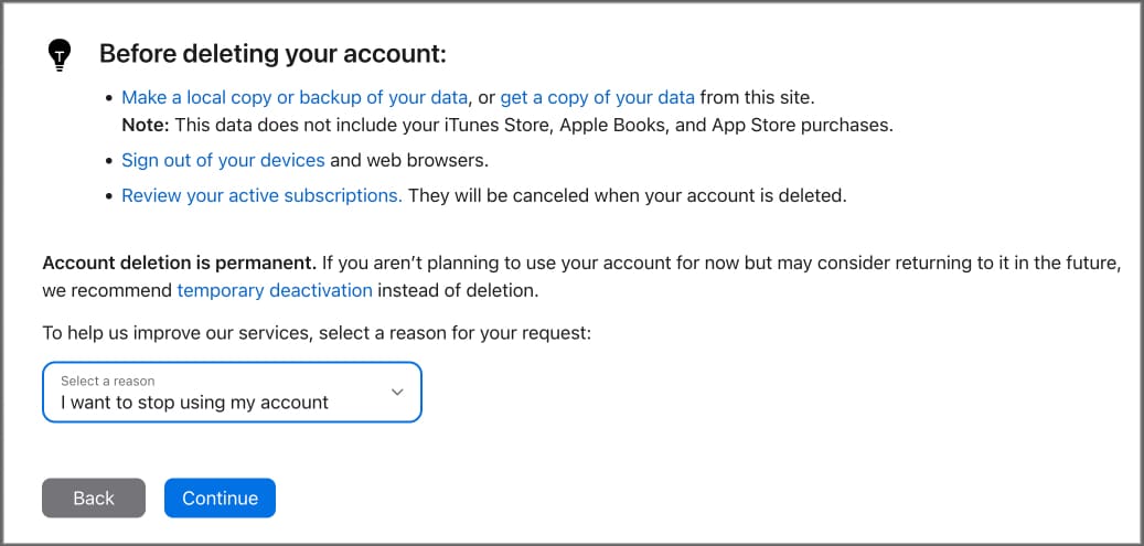 Selecting a reason for deleting the Apple ID.