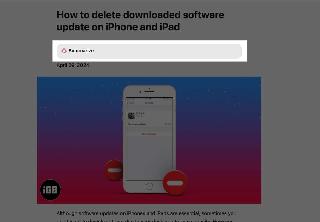 Summarize button in reader view in Safari to summarize a webpage on a Mac.