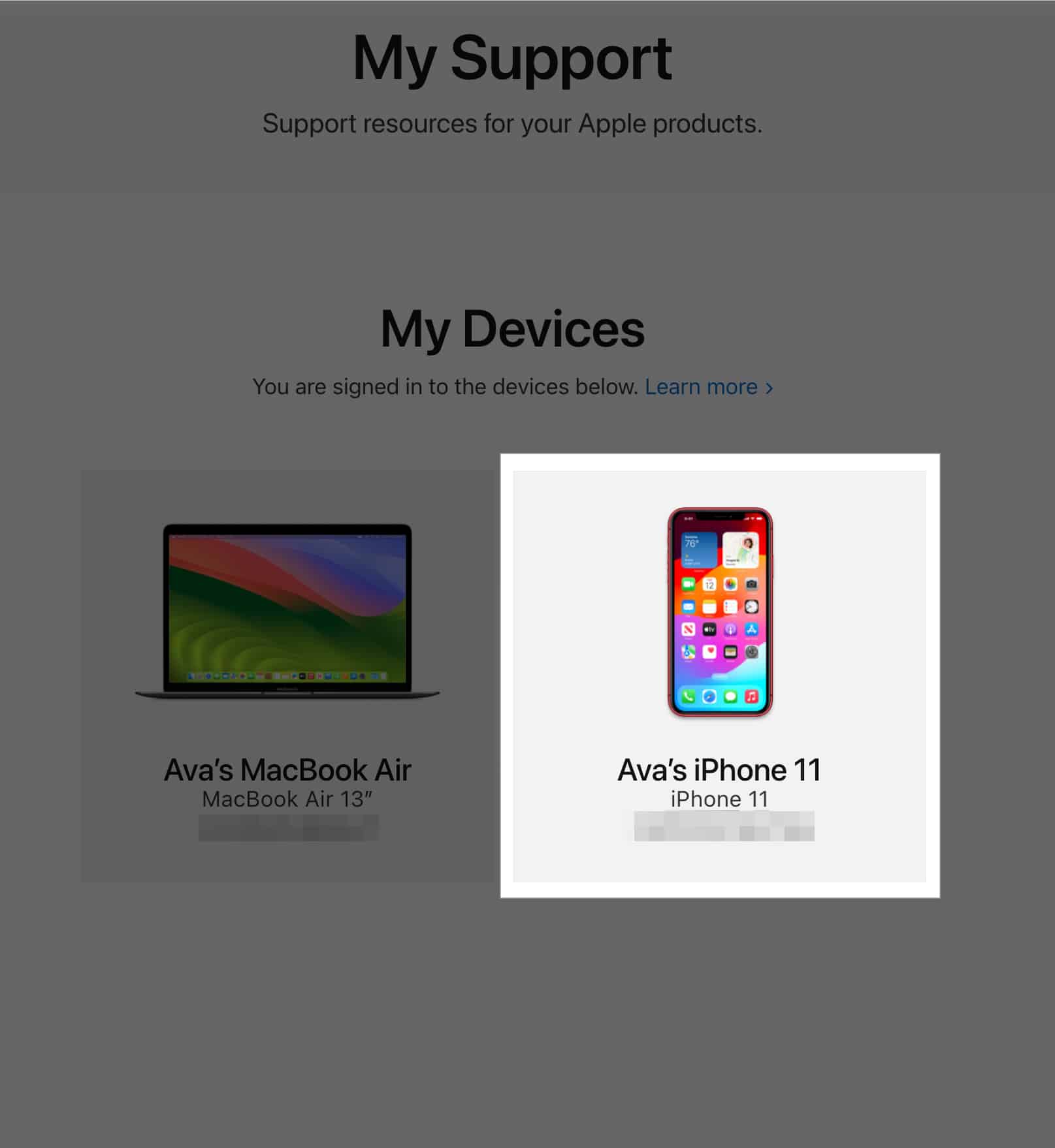 Selecting a device on the My Support page to check its warranty status.