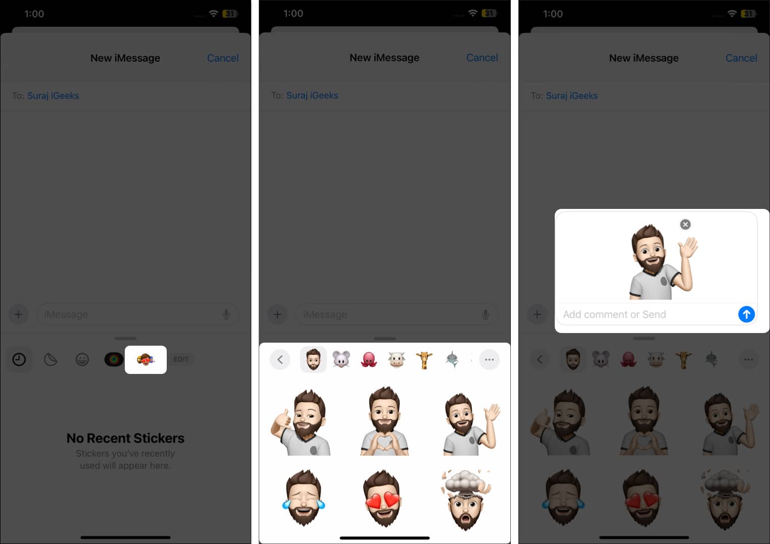 Picking and sending a Memoji sticker in the Messages app on an iPhone.