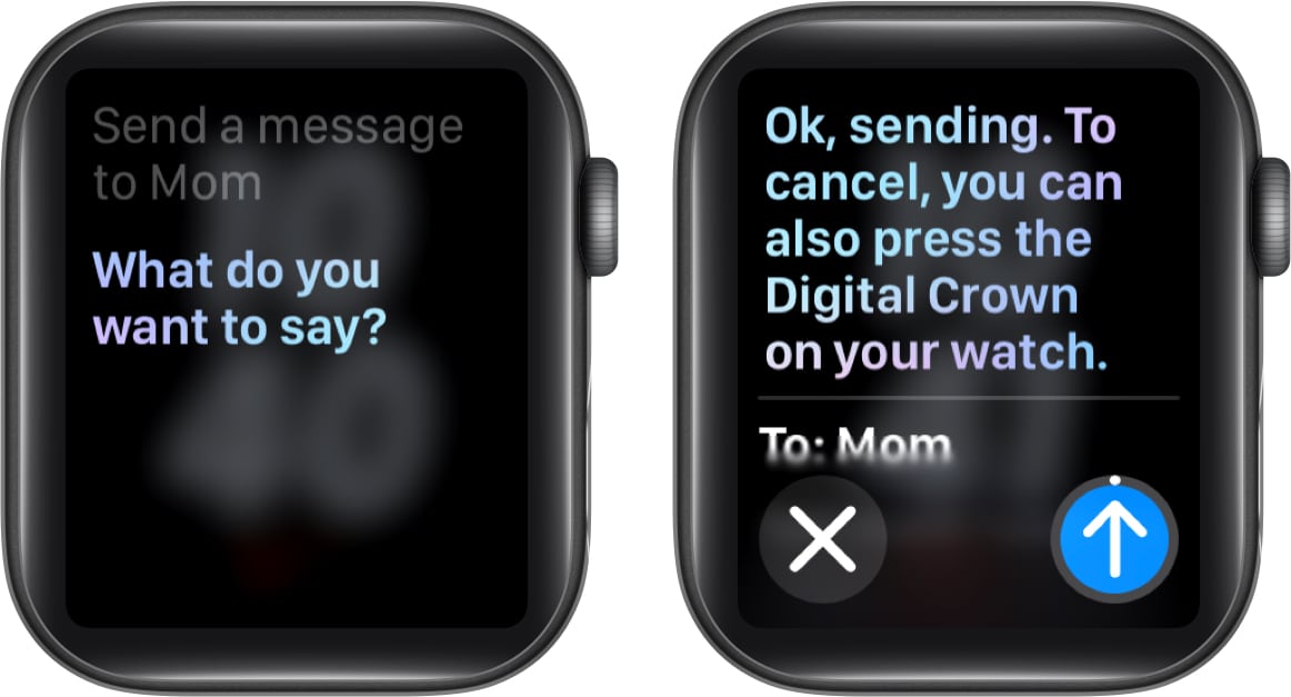 Composing and sending a message on an Apple Watch using Siri.