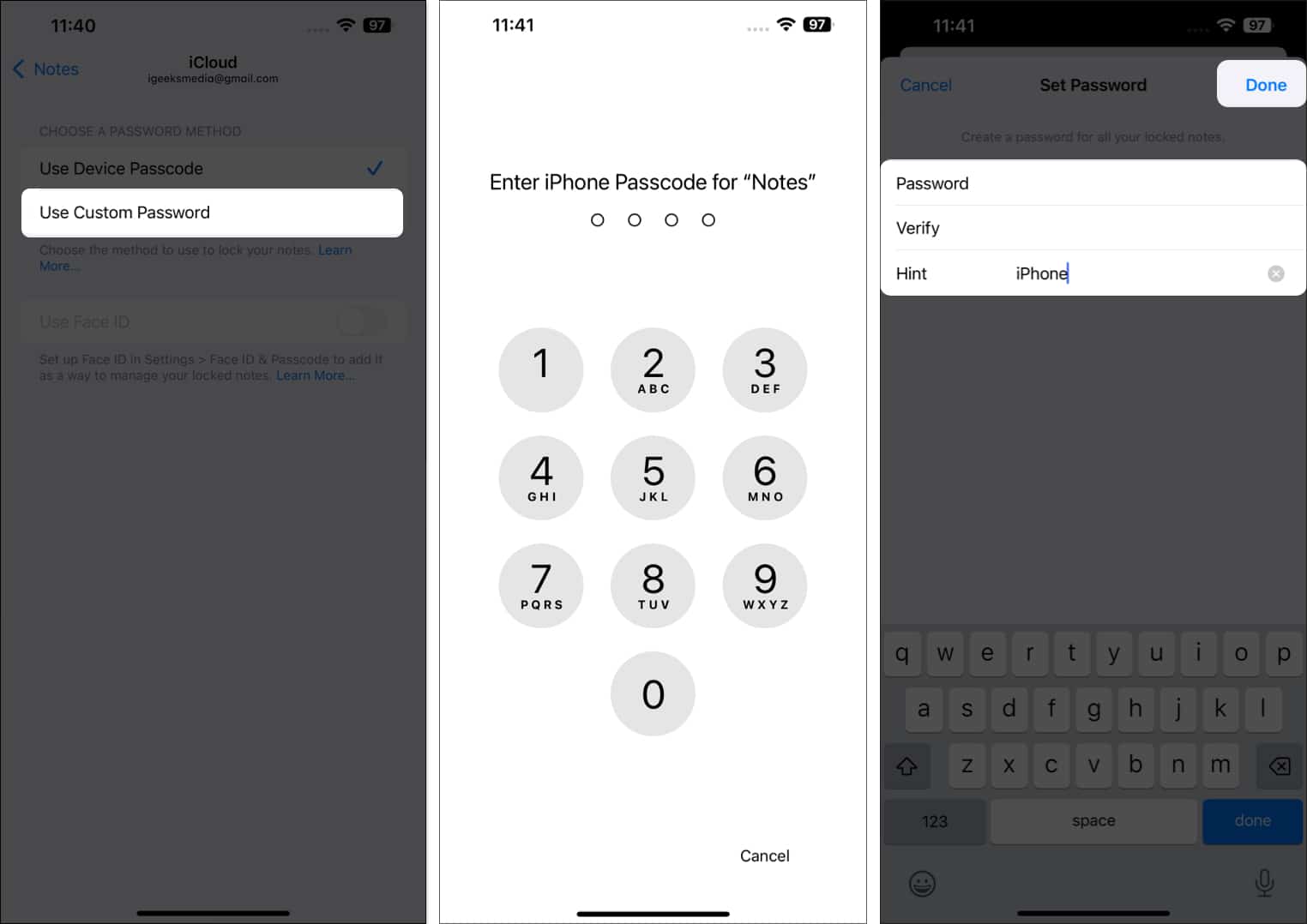 Creating a custom password to lock notes on an iPhone.