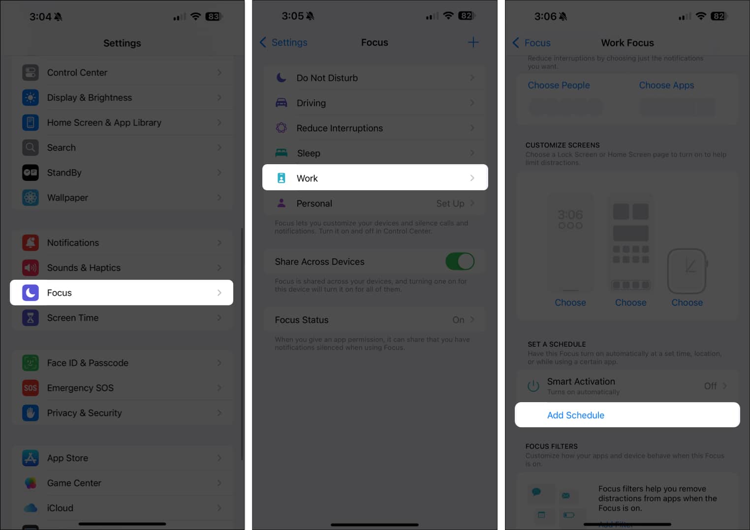 Add Schedule option for a Focus mode in iPhone Settings app.