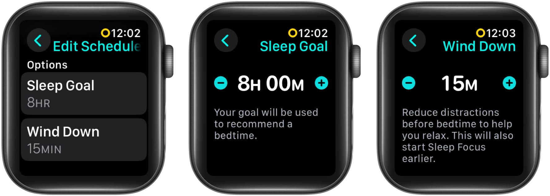 Setting up a Sleep Goal and the Wind Down time on an Apple Watch.