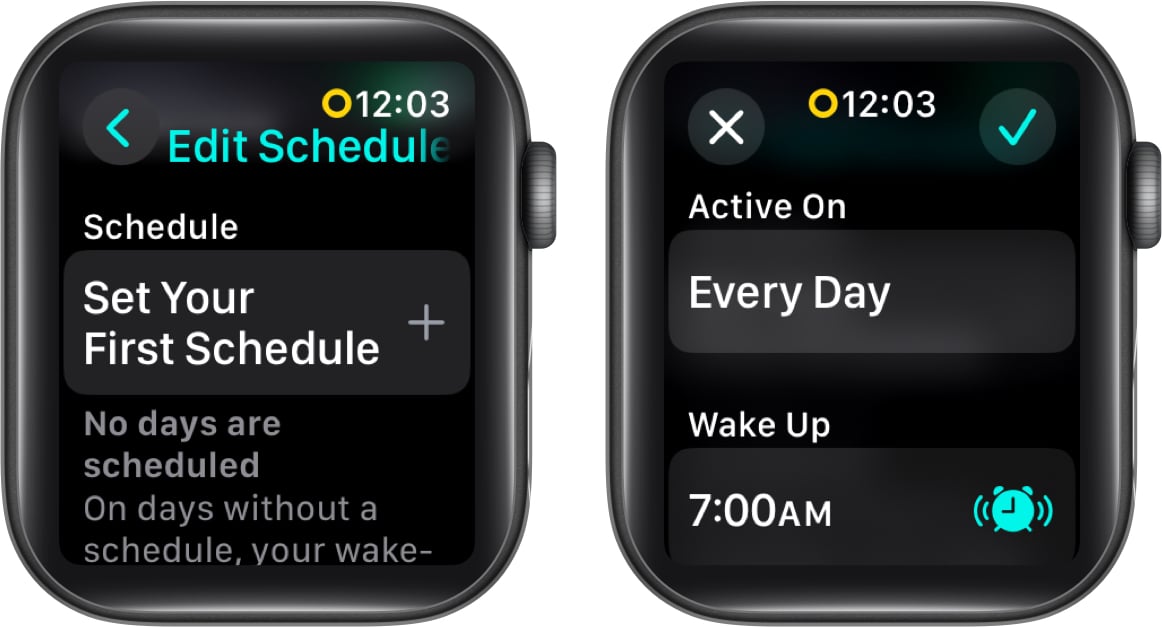 Confirming a Sleep Schedule on an Apple Watch.