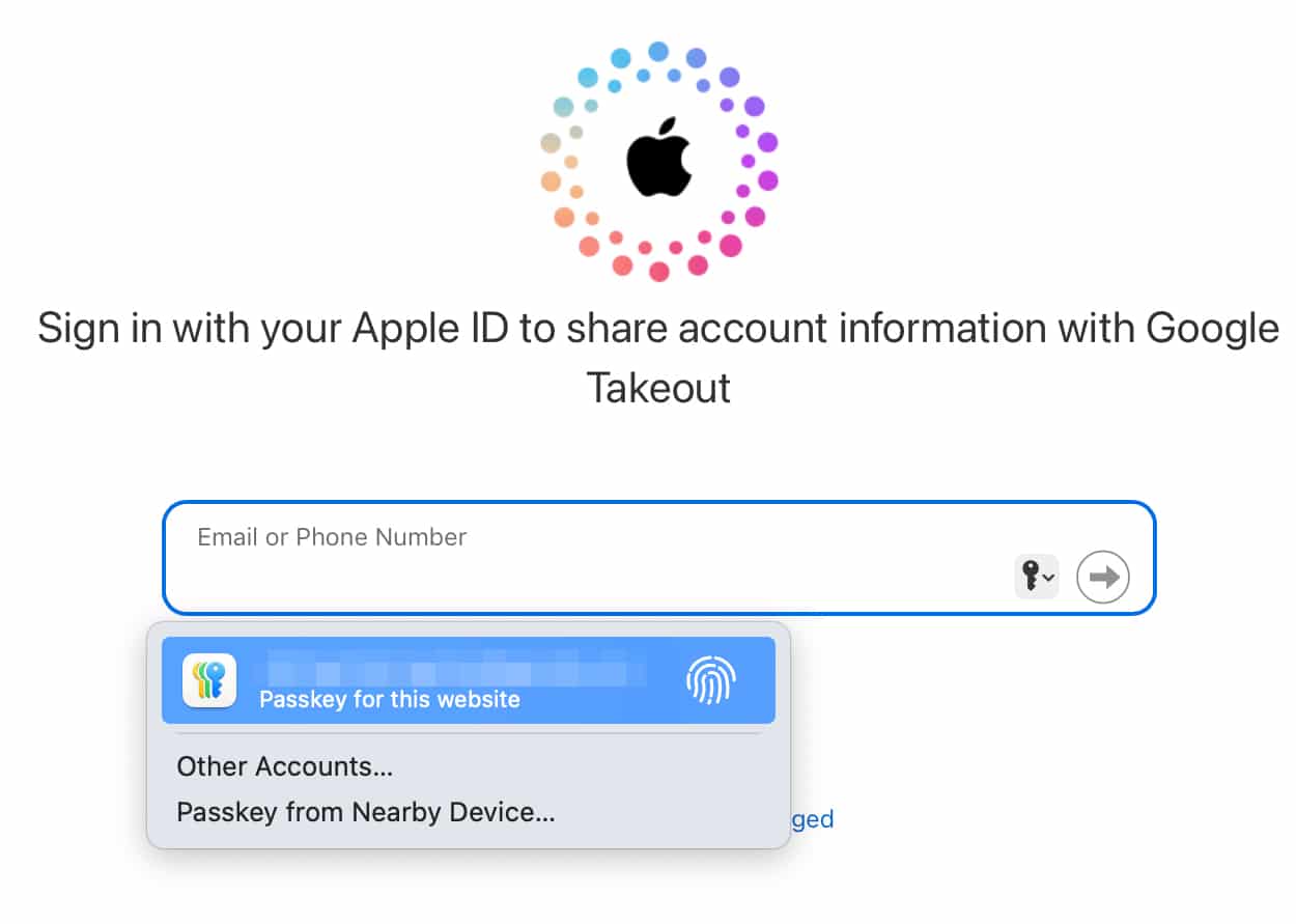 Signing in with Apple ID to share information with Google Takeout.