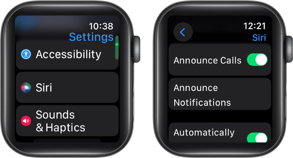 Enabling the Announce Calls feature on an Apple Watch.