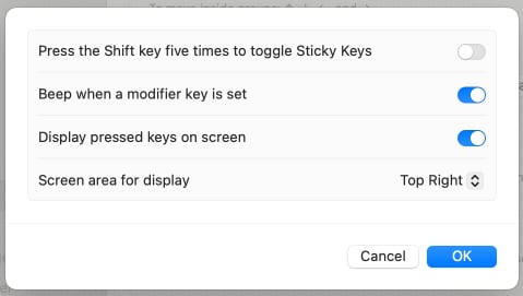 MacBook sticky keys settings.