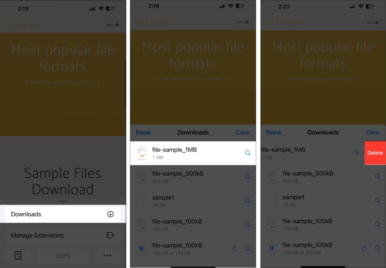 Deleting a downloaded file in the Safari app on an iPhone.