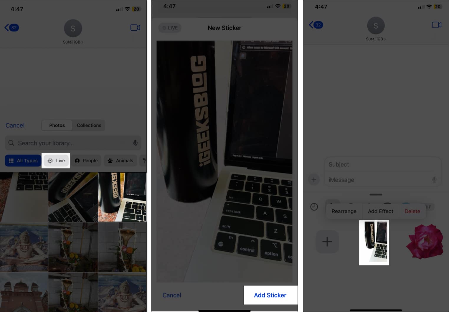 Creating a sticker out of a Live Photo in the Messages app on an iPhone.