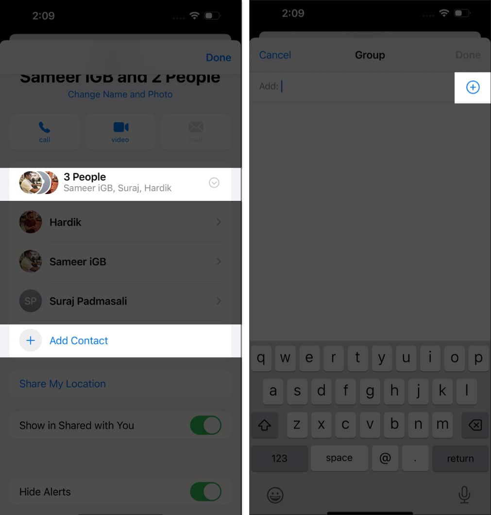 Adding people to an iMessage group on an iPhone.
