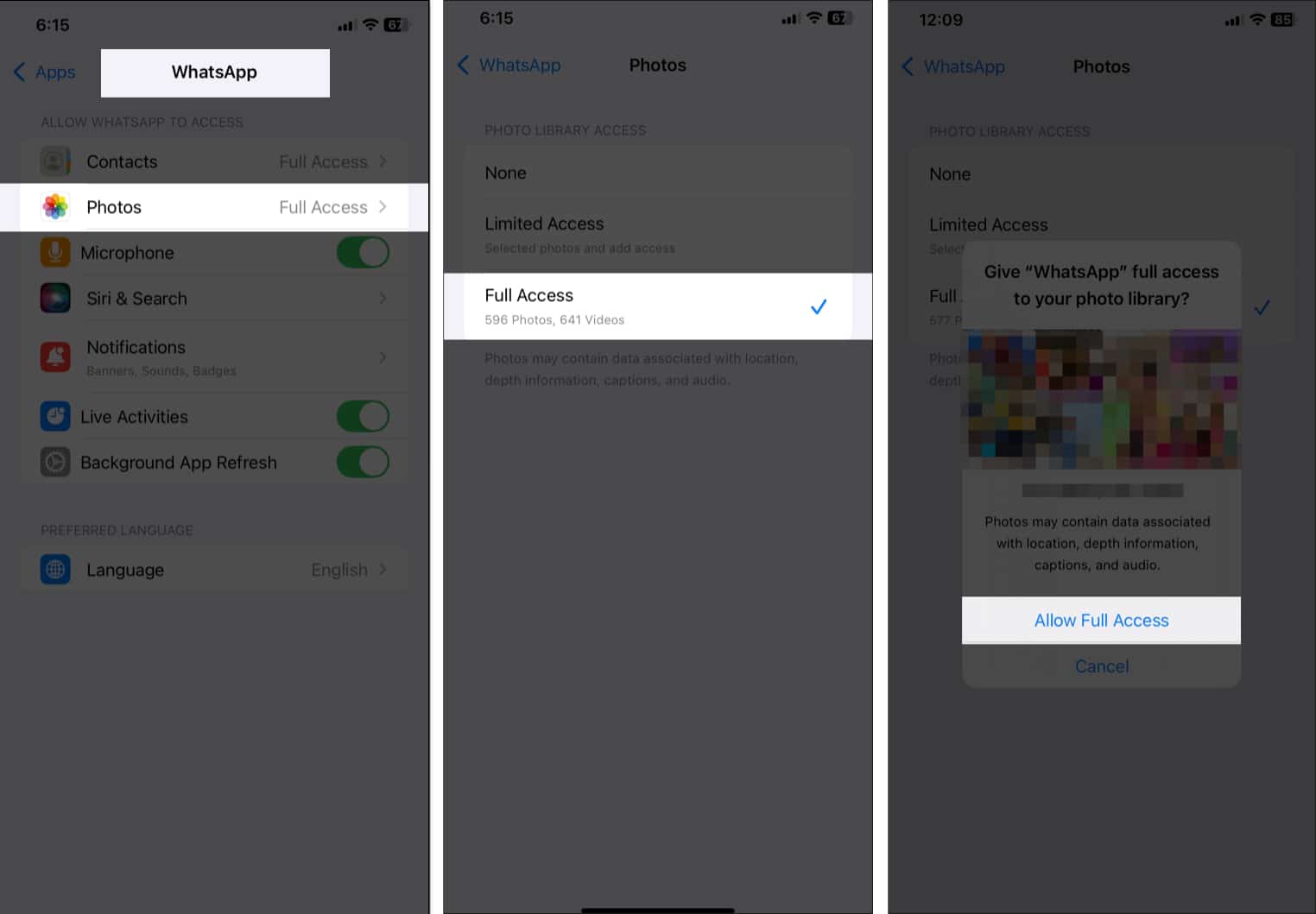 Allowing WhatsApp access to the Photos app on an iPhone.