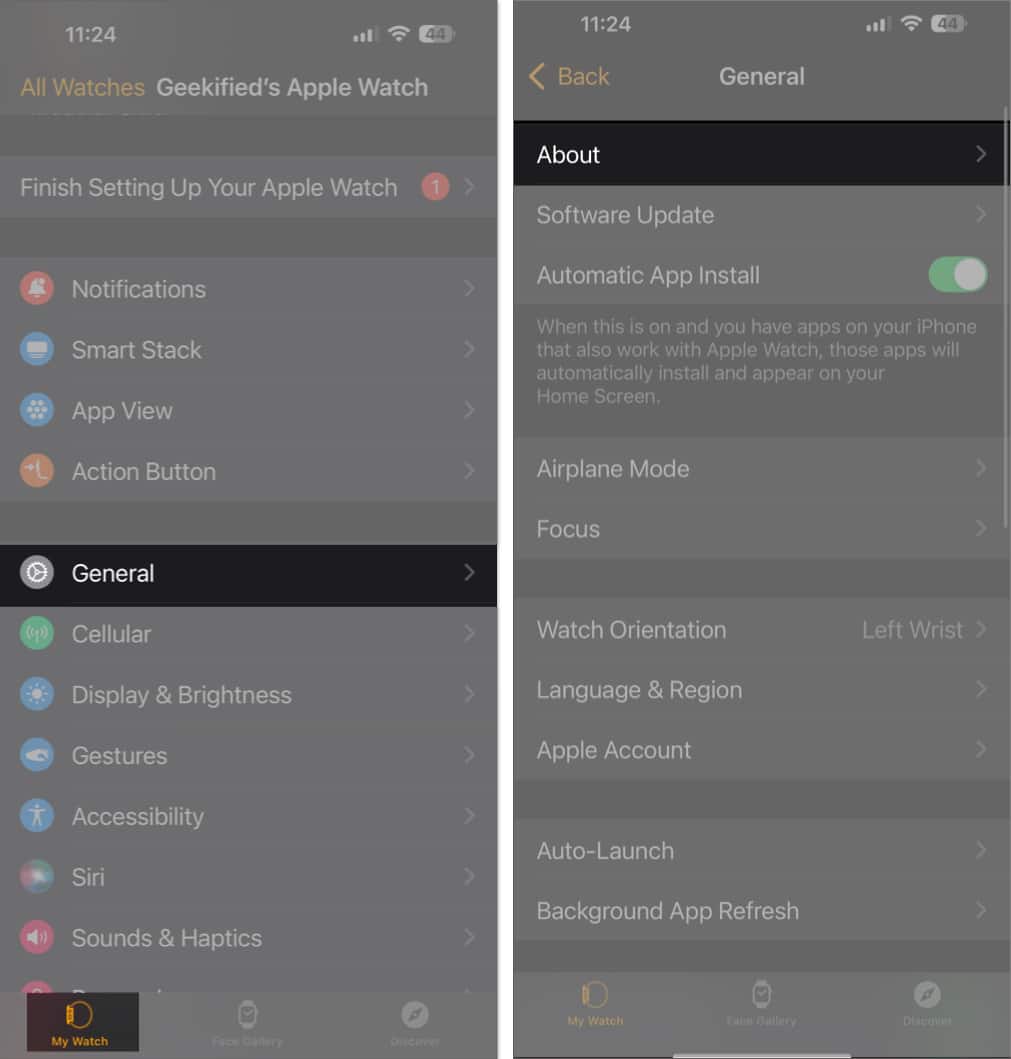 About page under General settings in the Watch app on an iPhone.