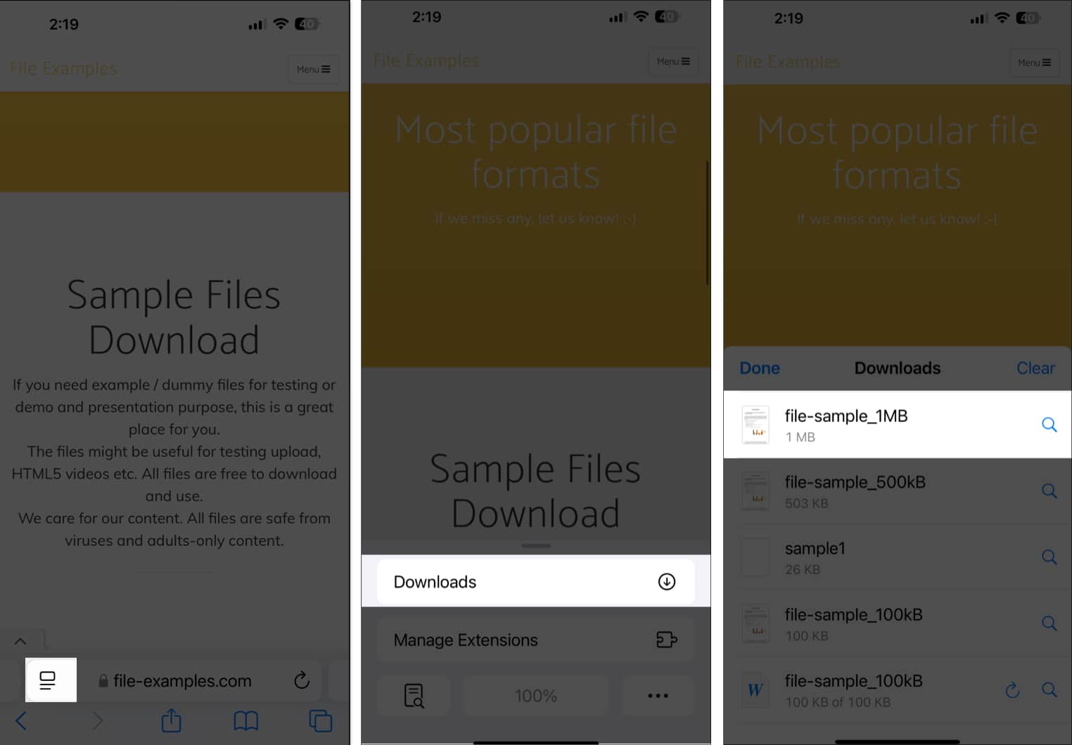 Accessing downloaded files in Safari on an iPhone.
