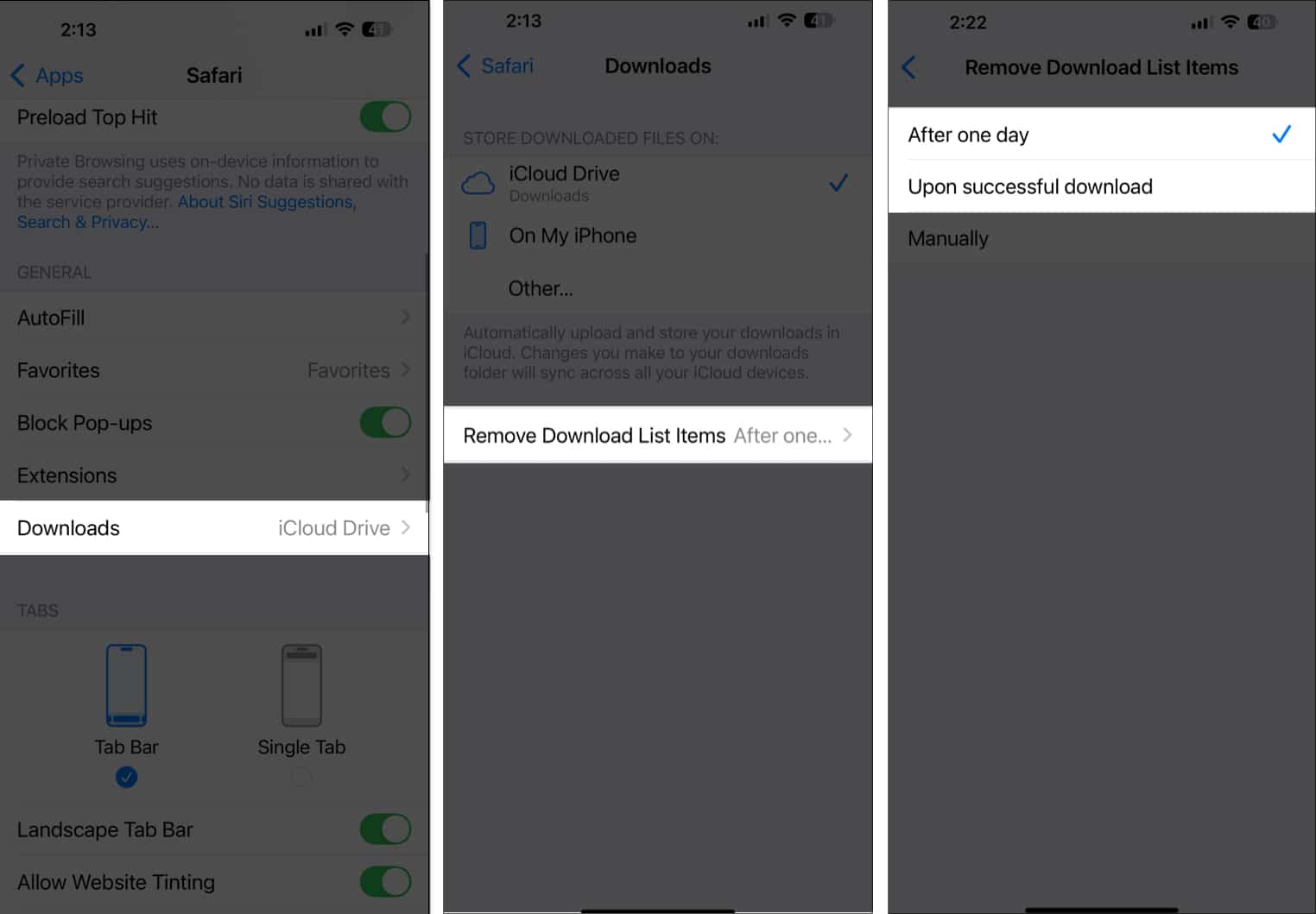 Enabling the auto-delete option to automatically delete Safari downloads on an iPhone.