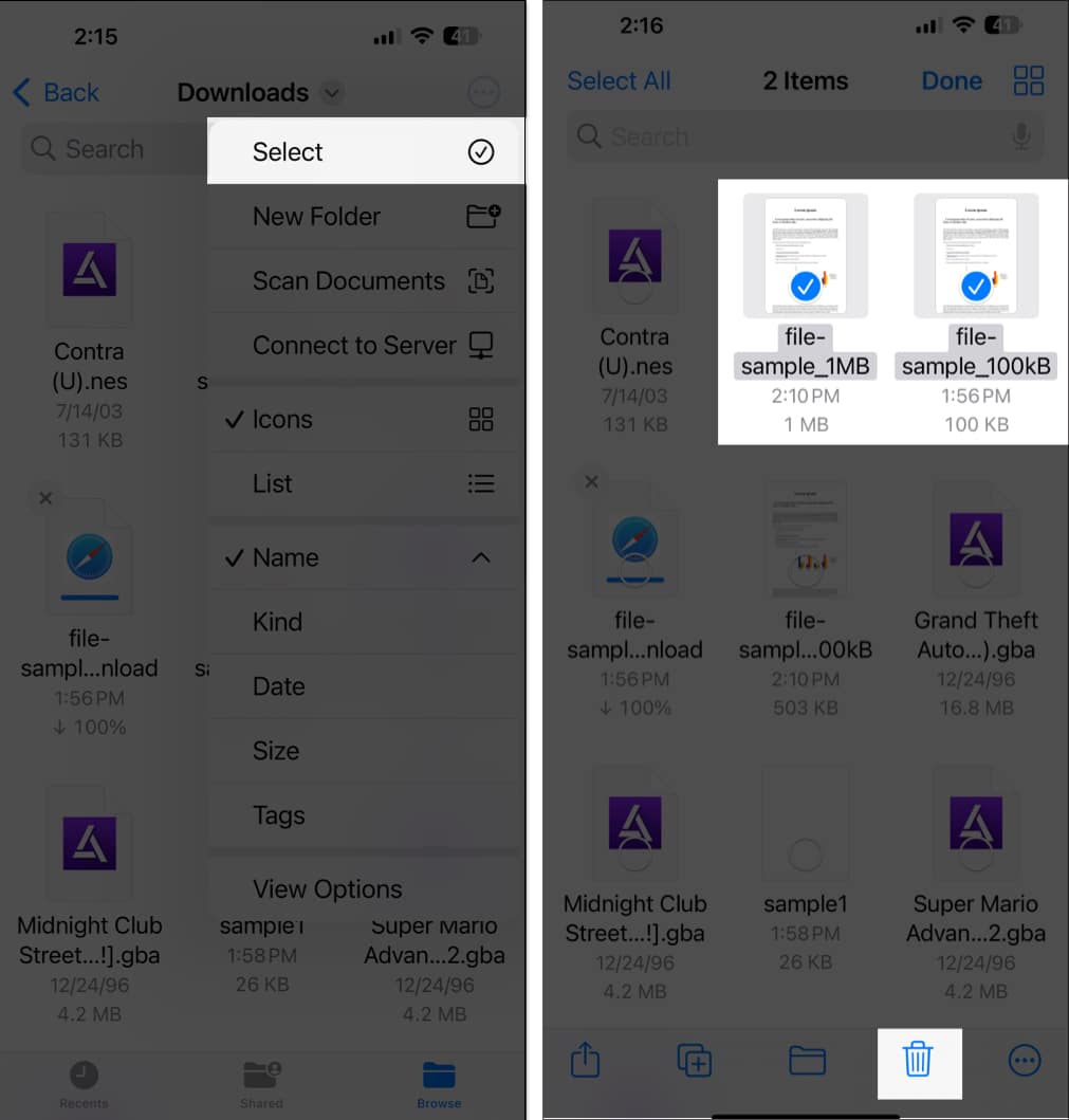Deleting Safari downloads in the Files app on an iPhone.