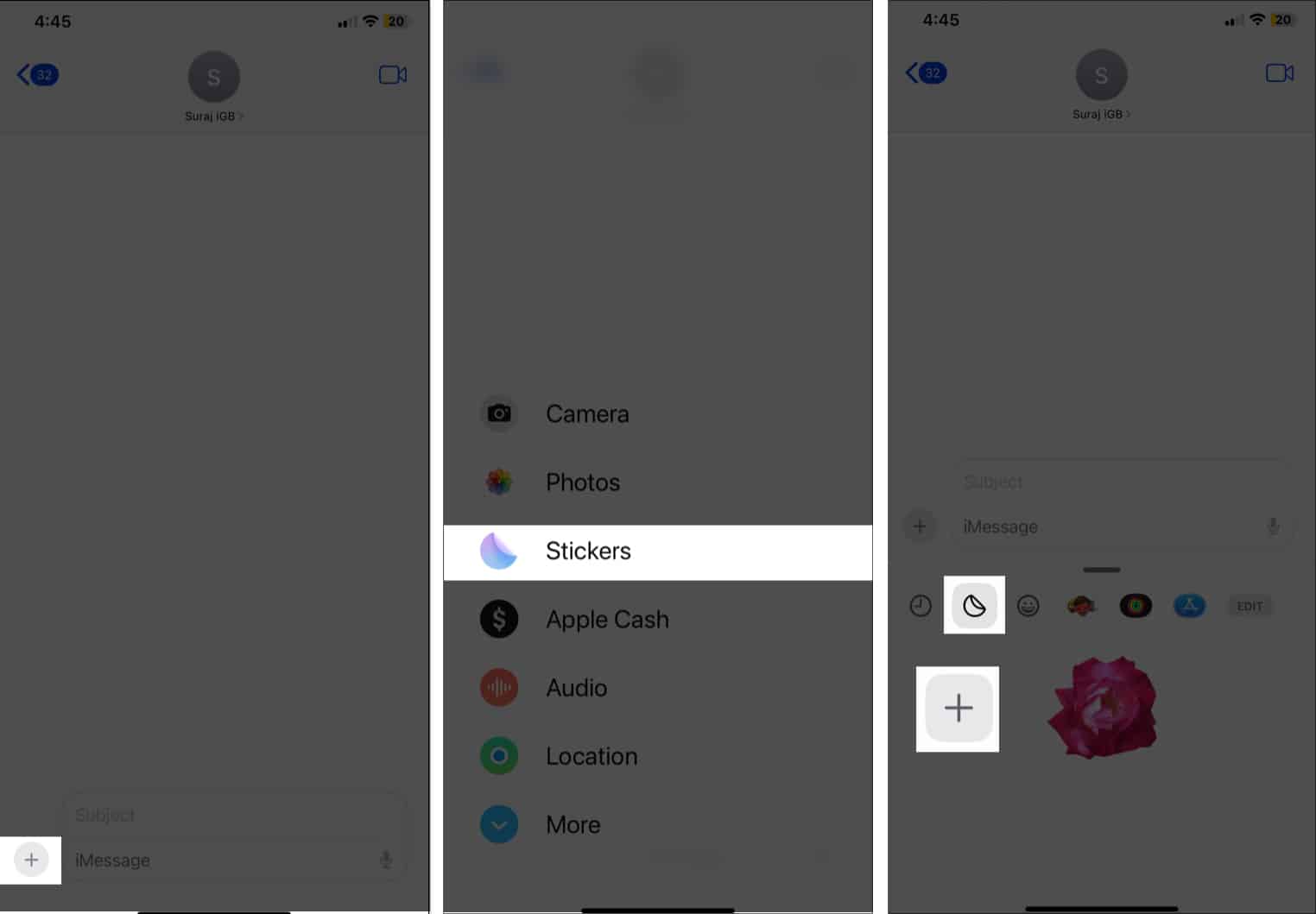 Stickers option in the iPhone Messages app.