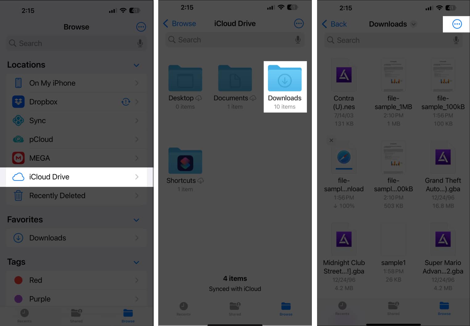 Selecting the files in the Downloads folder in the iOS Files app for deletion.