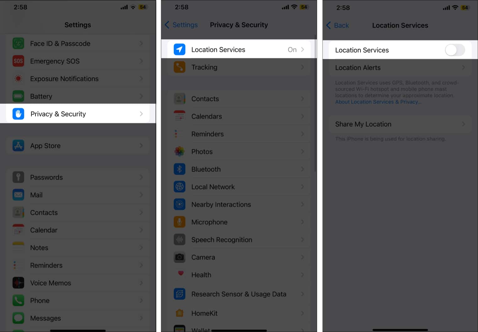 Location Services toggle under Privacy and Security settings in the iOS Settings app.
