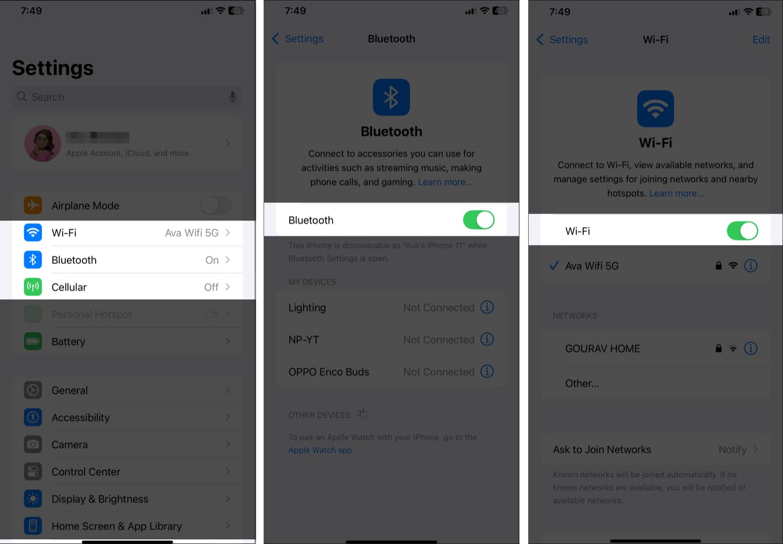 Toggles for Wi-Fi, Bluetooth, and Cellular data in iPhone Settings app.