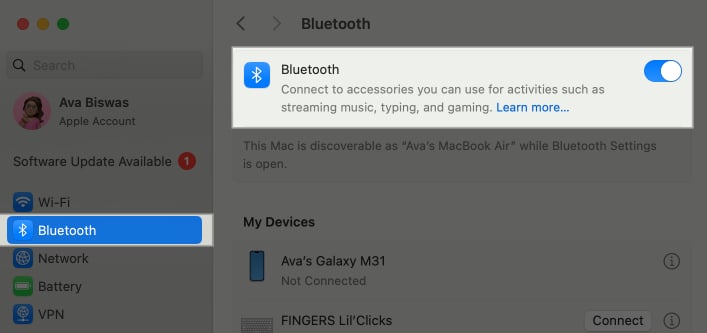 Toggled on Bluetooth option in System Settings on a MacBook.