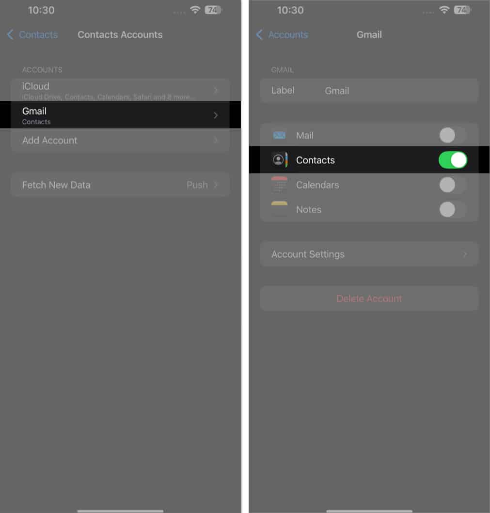 Toggling on the Contacts option for a Google account on an iPhone.